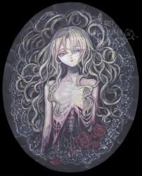 acrylic_paint_(medium) amputee blonde_hair commentary_request exposed_bone expressionless female flat_chest flower guro hair_spread_out highres long_hair looking_at_viewer nude original painting_(medium) pale_skin red_flower red_rose rose solo spine sumire_shisei traditional_media upper_body wavy_hair