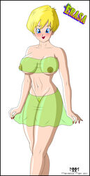 2011 :d arm arms arms_at_sides bare_arms bare_legs bare_shoulders blonde_hair blue_eyes blush breasts character_name collarbone dragon_ball dragon_ball_z erasa female female_only green_skirt happy human large_breasts legs lips lipstick marvelous_mark midriff mound_of_venus nail_polish navel neck nipples no_panties nude open_mouth pink_lipstick pubic_hair red_nails see-through short_hair simple_background skirt smile standing strapless tubetop underboob white_background