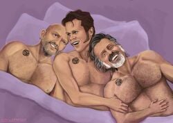 3boys 3males after_sex aftercare afterglow arm_grab bald bald_man bara bara_tiddies bara_tits barazoku beard black_pete brown_hair cuddling earring gay head_on_shoulder izzy_hands izzysleftfoot lucius_spriggs male_only our_flag_means_death pirate salt_and_pepper_hair smiling under_covers