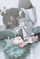 explorers_(pokemon) gemstone laying_down laying_on_back looking_at_viewer open_smile pokemon pokemon_(species) pokemon_horizons red_eyes spinel_(pokemon) teal_hair umbreon