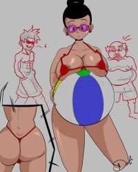 2boys age_difference ass ass_focus ball beach bikini bitch black_hair breasts chi-chi_(dragon_ball) chichi dragon_ball dragon_ball_super earrings erection female glasses hair_ornament large_breasts old_man panties penis purple-tinted_eyewear red_bikini red_panties smile sunglasses tinted_eyewear