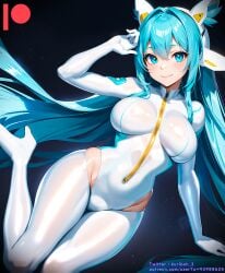 ai_generated bodysuit breasts female high_heels kuriboh_ex_(artist) latex latex_clothing latex_suit oppai rubber rubber_clothing rubber_suit skin_tight turquoise_eyes turquoise_hair