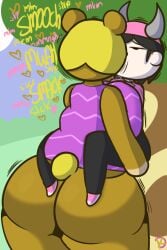 animal_crossing bear big_ass big_breasts bottomless breast_press breast_squish carrying carrying_partner chubby_female huge_ass huge_breasts human implied_kiss kissing klutzatdusk larger_female paula_(animal_crossing) public rolling_eyes size_difference tank_top thick_thighs villager_(animal_crossing) wide_hips