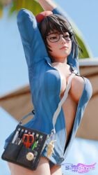 1girls 3d arms_up big_breasts bikini_bottom blush busty cleavage dead_or_alive dead_or_alive_xtreme_venus_vacation female female_focus female_only glasses highres hourglass_figure inner_sideboob short_hair stretching superdarkpit tagme tsukushi_(doa) unzipped_jacket wide_hips
