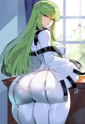 ai_generated ass ass_focus bodysuit c.c. code_geass creamy_ai curvy from_behind green_hair huge_ass large_breasts long_hair narrow_waist thick_thighs white_bodysuit wide_hips yellow_eyes