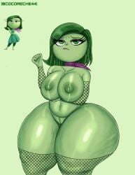 2024 big_areola big_breasts big_nipples cocoreche disgust disgust_(inside_out) disney gigantic_ass gigantic_hips green_background green_body green_eyes green_hair green_skin huge_breasts huge_hips huge_thighs inside_out inside_out_2 massive_hips massive_thighs pubic_hair simple_background slutty_outfit thick_legs thick_thighs thighs wide_hips