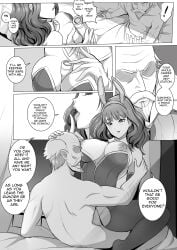 ! 1boy 1girls assertive assertive_female bare_shoulders bed between_breasts blackmail breasts breasts_out bunny_ears bunny_girl bunnysuit celica_(fire_emblem) cleavage comic cowgirl_position doujin earrings english_text female female_on_top finger_to_mouth fire_emblem fire_emblem_echoes:_shadows_of_valentia gesture greyscale grin indoors large_breasts leotard male medium_hair monochrome naughty_face nintendo nipples object_between_breasts older_male open_mouth pantyhose prostitution revolverwingstudios scroll seductive sex shocked shoulders smile smug spread_legs straddling text tongue tongue_out vaginal_penetration younger_female