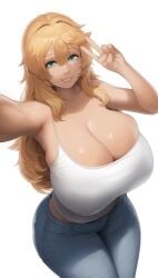 1girls 2d aged_up ai_assisted ai_generated alternate_breast_size aqua_eyes arc_system_works bare_shoulders big_breasts blonde_hair breasts breasts_bigger_than_head bridget cleavage clothed clothed_female denim female guilty_gear hips jeans long_hair looking_at_viewer manah_(artist) pants peace_sign rule_63 selfie smile solo source standing tank_top v white_background wide_hips