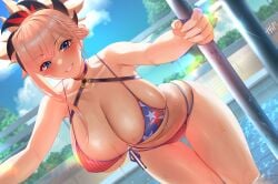 1girls american_flag_bikini bikini blue_eyes breasts cleavage fate/grand_order fate_(series) female huge_breasts kisaragi_tsurugi light-skinned_female light_skin long_hair miyamoto_musashi_(fate) miyamoto_musashi_(swimsuit_berserker) naughty_face pink_hair swimsuit