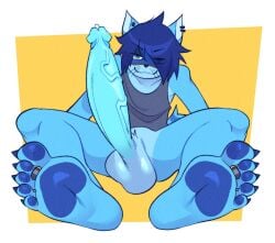 anthro azura_(aimpunch) balls bedroom_eyes big_penis blue_body blue_fur blue_hair blue_pawpads bodily_fluids bottomless bottomless_anthro bottomless_male clothed clothing digit_ring dripping ear_piercing ear_ring erection facial_markings feet foot_focus fur genital_fluids genitals grahhh hair half-closed_eyes head_markings hi_res huge_cock humanoid_feet humanoid_genitalia humanoid_penis inviting jewelry male mammal markings mask_(marking) multicolored_body multicolored_fur narrowed_eyes pawpads paws penis piercing plantigrade precum precum_drip procyonid raccoon ring ring_piercing seductive shirt simple_background smile smirk smug smug_face solo tank_top toe_ring toes topwear two_tone_body two_tone_fur vein veiny_penis