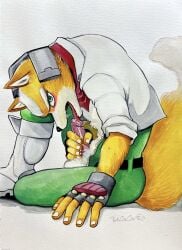 5_fingers anthro auto_penis_lick autofellatio balls bodily_fluids boots bottomwear canid canine clothed clothing cum cum_in_mouth cum_in_own_mouth cum_in_self cum_inside dipstick_tail erection fingerless_gloves fingers fluffy fluffy_tail footwear fox fox_mccloud fur genital_fluids genitals glans gloves green_eyes handwear headgear headwear hi_res humanoid_genitalia humanoid_hands humanoid_penis licking looking_aside looking_at_viewer looking_away male mammal markings masturbation nails nintendo open_mouth oral oral_masturbation orange_body orange_fur pants penile penile_masturbation penis penis_lick pink_penis self_lick sex side_view signature solo star_fox sweat tail tail_markings tongue tongue_out topwear traditional_media_(artwork) ulala_ko vest