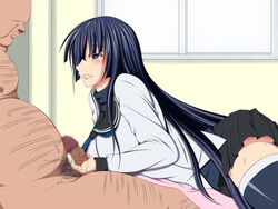 blue_hair blush breasts censored cfnm clothing empty_eyes fat_man handjob hypnosis kampfer long_hair mind_control pubic_hair sangou_shizuku school_uniform skirt sweat ugly_man