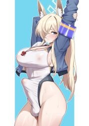 1futa absurdres animal_ear_fluff animal_ears armband arms_up big_breasts big_penis blonde_hair blue_archive blue_background blue_eyes blue_jacket blush bottomless breasts bulge cleavage closed_mouth clothed clothing commentary competition_swimsuit covered_nipples covered_penis dog_ears erection erection_under_clothes futa_only futanari groin hair_over_one_eye hand_on_own_arm highleg highleg_swimsuit highres humanoid humanoid_penis jacket kanna_(blue_archive) kanna_(swimsuit)_(blue_archive) kemonomimi large_breasts large_penis light-skinned_futanari light_skin long_hair long_sleeves looking_at_viewer official_alternate_costume one-piece_swimsuit one_eye_covered open_clothes open_jacket outstretched_arm paid_reward_available partially_clothed penis see-through sideboob sidelocks solo standing stretching swimsuit tenting two-tone_background valkyrie_police_academy_swimsuit wet wet_clothes wet_swimsuit whistle whistle_around_neck white_background white_one-piece_swimsuit wujack2211