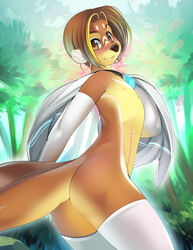 2011 anthro ass blush breasts brown_eyes brown_hair color dunkleosteus ear_piercing earring elbow_gloves facial_markings female flat_chest furry gloves goggles hair hybrid looking_at_viewer looking_back markings mikhaila original piercing scar short_hair small_breasts solo stockings tail tomboy towel tsampikos