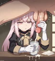 1girls ai_generated cum_in_container cum_on_breasts cum_on_face cumming fire_emblem fire_emblem:_three_houses garreg_mach_monastery_uniform glass_container gloves handjob lysithea_von_ordelia milking_handjob sunday_poonday table