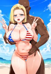 1boy 1girls ai_generated american_flag_bikini android_18 angry big_breasts bikini blush breasts dark-skinned_male double_v dragon_ball female from_behind groping interracial light-skinned_female male open_mouth reinafan tagme v wide_hips