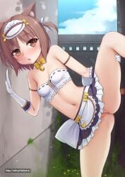 against_wall animal_ear_fluff animal_ears anus arm_strap armpit_crease ass_visible_through_thighs azuki_(nekopara) back_bow bare_shoulders bell black_skirt blunt_bangs blush bow bow_skirt bowtie bra breasts brown_eyes brown_hair cat_ears cat_girl cat_tail censored chestnut_mouth cleavage commentary day english_commentary fanbox_username female frilled_bra frilled_skirt frills glint gloves hair_ribbon hand_on_own_thigh hand_on_wall highres jingle_bell leg_lift looking_at_viewer maid maid_headdress medium_hair midriff miniskirt mosaic_censoring navel neck_bell nekopara no_panties open_mouth outdoors paid_reward_available public_indecency pussy pussy_juice ribbon skindentation skirt small_breasts solo standing standing_on_one_leg stomach straight_hair tail thighs two_side_up underwear vahn_yourdoom web_address white_bow white_bra white_gloves white_ribbon yellow_bow yellow_bowtie