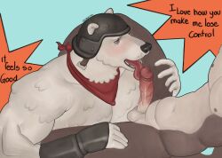 absurd_res anthro anthro_on_anthro armor balls bear belly black_nose blush canid canine canis cheepdeeper clothing dialogue duo epic_games erection fellatio fortnite fur genitals gloves grey_body grey_fur handwear hi_res humanoid humanoid_genitalia humanoid_penis male male/male mammal muscular muscular_anthro oral penile penis polar_bear polar_patroller sex ursine wendell_(fortnite) wolf