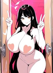 ai_generated bathroom big_breasts breasts heart heart_nipples heart_symbol huge_breasts milf myaim no_nipples orange_eyes original_character tagme victory_pose victory_sign