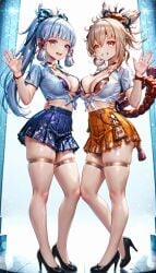 2girls ai_generated choker genshin_impact greeting grin grinding gyaru hi_res kamisato_ayaka looking_at_viewer open_clothes open_mouth school_uniform schoolgirl standing yoimiya_(genshin_impact)