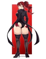 1girl 1girls ass bangs black_footwear black_jacket black_legwear black_leotard black_ribbon blush boots breasts coattails from_behind full_body gloves hair_ribbon high_heels jacket kasumi_yoshizawa leotard long_hair long_sleeves looking_at_viewer looking_back luchidart open_clothes parted_lips persona persona_5 persona_5_royal polka_dot polka_dot_background ponytail red_eyes red_gloves red_hair ribbon shiny shiny_hair solo standing sumire_yoshizawa thighhighs thighs