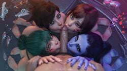 1boy 2025 3d 4girls amelie_lacroix blue-skinned_female blue_skin collaborative_fellatio completely_nude d.va feet fellatio female hana_song kiriko_(overwatch) kiriko_kamori lena_oxton licking_penis looking_at_viewer male mrvargas nude nude_female nude_male oral oral_penetration oral_sex overwatch overwatch_2 penis_in_mouth pov pov_blowjob soles tracer widowmaker