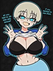 1girls badjujuarts big_breasts blue_eyes bra breasts breasts_out clothing dialogue female female_focus female_only flesh_fang grey_hair huge_breasts lifting_shirt pov short_hair skirt smile solo solo_female solo_focus thong uzaki-chan_wa_asobitai! uzaki_hana