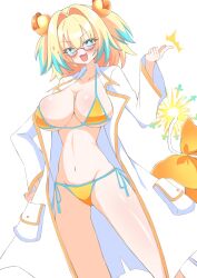 :3 :d alternate_costume bikini blush bombergirl fang finger_snap glasses huge_breasts labcoat narrow_waist pine_(bombergirl) slender_waist small_waist snapping_fingers swimsuit thighs