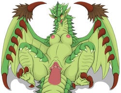 blush breasts cum cum_in_pussy cum_inside disembodied_penis fang_asian female looking_at_viewer male monster_hunter nipples on_back open_mouth penis rathian spread_legs spreading straight tongue tongue_out wings wyvern yellow_eyes