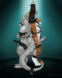 accessory anthro athletic athletic_anthro athletic_male back_to_back bit_gag bodily_fluids bondage bound clothing cock_ring corset cuff_(restraint) dragon duo eyes_clenching felid gag genital_fluids harness hi_res jewelry leaking_precum leather leather_clothing leather_corset leather_cuffs leather_harness leather_lingerie leather_topwear lingerie male male/male mammal muscular muscular_male muzzle_(object) muzzled mythological_creature mythological_scalie mythology narrowed_eyes necrodrone nipple_clamp pantherine penis_accessory penis_jewelry precum restraints scalie tail tiger topwear wings_tied