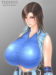 bare_shoulders belt black_hair breasts female female_only giant gigantic_breasts human infinity kazama_asuka midriff smile solo star tekken tekken_5