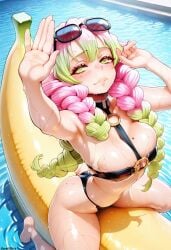 1girls ai_generated banana bikini bikini_bottom bikini_top darkeffect day daytime demon_slayer female female_focus female_only floating_object looking_at_viewer partially_clothed pool pool_float pool_toy solo solo_female solo_focus sunglasses swimming_pool swimsuit swimwear