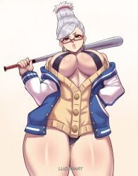 :o artist_name ayase_seiko bare_shoulders baseball_bat beehive_hairdo breasts brown_eyes cardigan cleavage commentary dandadan earrings english_commentary female glasses gradient_background hand_in_pocket highres holding holding_baseball_bat hoop_earrings jacket jewelry large_breasts long_hair looking_at_viewer luchidart mature_female metal_baseball_bat multicolored_jacket off_shoulder parted_lips red-framed_eyewear semi-rimless_eyewear simple_background solo swept_bangs swimsuit swimsuit_under_clothes tall_hair thick_thighs thighs two-tone_jacket white_hair yellow_cardigan