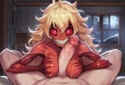 1boy 1girls ai_generated athletic_female blonde_hair boo_hag breasts claws emaciated exposed_muscle fangs female glowing_eyes hand_on_breast horror horror_(theme) human human_penetrating light-skinned_male looking_at_viewer male medium_breasts monster_girl nipples original original_character paigen paizuri penis pov precum red_eyes red_skin saliva saliva_on_penis sharp_nails sharp_teeth skinless skinny titfuck titjob undead
