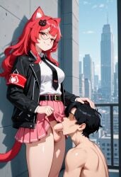 ai_generated armband belt black_jacket blowjob cat_ears cat_tail clothed deepthroat dominant_futa faceless_male futa_on_male futadom futanari glasses hair_ornament lifting_skirt looking_at_viewer nanally_(neverness_to_everness) necktie neverness_to_everness oral_sex pink_skirt red_hair round_eyewear submissive_male white_shirt