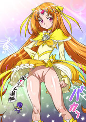 clothing cure_muse cure_muse_(yellow) fairy_tone joy_ride long_hair magical_girl no_panties orange_hair pink_eyes precure pretty_cure pussy shirabe_ako skirt skirt_lift suite_precure uncensored