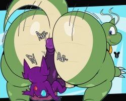 absurd_res anthro ass balls big_butt blush claws digital_media_(artwork) dragonite duo dusty_(motherfan31) english_text erection eyewear generation_1_pokemon generation_3_pokemon genitals glasses green_body hi_res humanoid_genitalia humanoid_penis luanctoons male male/male nintendo nude penis pokemon pokemon_(species) sableye smile tail text