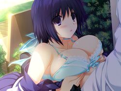 akatsuki_works_hibiki blue_hair blush bra breasts censored female large_breasts lovely_x_cation male nanasawa_yuni paizuri paizuri_under_clothes penis purple_eyes school_uniform straight underwear