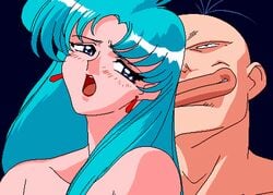 1boy 1girls 90s animated big_lips blue_eyes blue_hair blush eyebrows_visible_through_hair female game_cg implied_sex lips lipstick long_hair looking_back lowres male matching_hair/eyes milfy nude offscreen_sex open_mouth rape red_lipstick sex smile sogna teeth tongue viper_(series) viper_btr