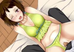 bare_shoulders bed blush breasts brown_hair censored cleavage cowgirl_position hyouka ibara_mayaka lying open_mouth penis pink_eyes pussy saliva sex short_hair swimsuit vaginal_penetration wink