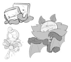 animate_inanimate bodily_fluids citrus_(objectified) clockstops3am conditional_dnp cum cum_from_vagina cum_in_vagina cum_inside dandy's_world female for_a_head genital_fluids glisten_(dandy's_world) greyscale group humanoid labbit1337 male monochrome object_head object_humanoid object_shows objectified_(webcomic) open_mouth open_smile running sex simple_background smile toons_(dandys_world) wagyu_(objectified) white_background