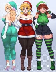 3girls adapted_costume aqua_dress ass ass_focus back back_view bare_arms bare_legs bare_shoulders bare_thighs big_ass big_breasts big_butt blonde_hair blue_eyes bra breasts christmas christmas_hat christmas_outfit cleavage clothed clothing color crown dress earrings elbow_gloves female female_focus female_only fishnet_legwear fishnets gloves green_dress green_eyes hair_over_one_eye halftone_background hat hi_res jewelry large_breasts light-skinned_female light_skin long_hair looking_at_viewer looking_back low-angle_view luchidart mario_(series) nintendo pantyhose parted_lips polka_dot polka_dot_background polka_dot_dress ponytail princess princess_daisy princess_peach princess_rosalina racket short_hair shorts solo solo_female tagme tennis_racket thick_thighs thighhighs thighs unmoving_pattern wink