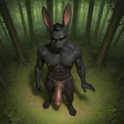 ai_generated anthro big_penis black_fur bunny claws erection forest_background furry loincloth looking_at_viewer male male_only naked nipples outdoors outside paws penis rabbit solo_male standing topless yaoi