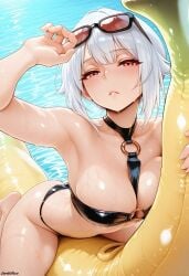 1girls ai_generated awashika banana bikini bikini_bottom bikini_top darkeffect day daytime female female_focus female_only floating_object looking_at_viewer partially_clothed pool pool_float pool_toy solo solo_female solo_focus sunglasses swimming_pool swimsuit swimwear white_hair