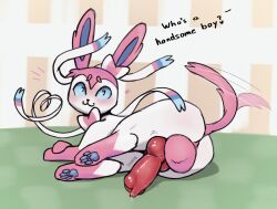 animal_genitalia animal_penis aroused aroused_face aroused_smile ass backsack balls blush bodily_fluids bow_ribbon canid canine canine_genitalia canine_penis dialogue duckerzzart eeveelution erection feral flustered generation_6_pokemon genital_fluids genitals hi_res knot knotted_penis lying male mammal nintendo on_side pawpads paws penis pokemon pokemon_(species) precum raised_tail ribbons saggy_balls smile solo sylveon tail tail_motion tailwag text throbbing throbbing_knot throbbing_penis