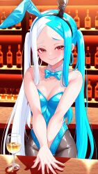 ai_generated bar_(place) blue_hair blue_leotard bombergirl bunny_girl bunnysuit chigusa_(bomber_girl) fake_animal_ears hi_res looking_at_viewer multicolored_hair red_eyes white_hair