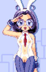 breasts bunny_girl character_request fake_animal_ears fake_rabbit_ears female female_only glasses nipples pixel_art purple_hair saiwai_hiroshi salute toy_robo_force useless_clothing vagina