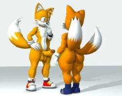 2_tails anthro canid canine classic_sonic_(universe) classic_tails clothing doomlazy27 duo footwear fox foxes. gloves handwear male male/male mammal multi_tail sega shoes sonic_the_hedgehog_(series) tail tails thinking