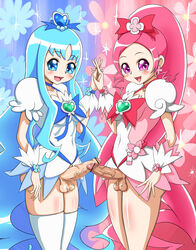 2girls balls blue_eyes blue_hair blush bow breasts censored clothing cure_blossom cure_marine erection erika_kurumi flower foreskin full-package_futanari futa_with_futa futanari hair_ribbon heartcatch_precure! heartcatch_pretty_cure! highres intersex long_hair magical_girl mtra multiple_girls penis pink_eyes pink_hair precure pretty_cure ribbon small_breasts stockings testicles thighhighs tsubomi_hanasaki very_long_hair voluptuous