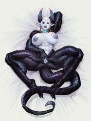 2025 abs blue_body blue_eyes blue_skin demon_girl devil_hs forehead_mark horns large_breasts laying_on_back muscular_female nipple_piercing pointy_ears red_earrings sheets spread_legs spread_pussy spreading tail usyn_wolfe_(usynw) vaginal_fluids white_hair